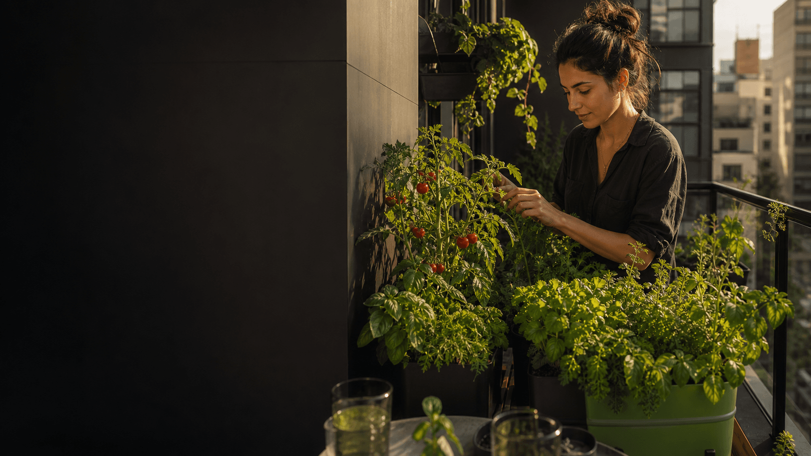 Fictional creator Maya tending herbs in a compact balcony garden